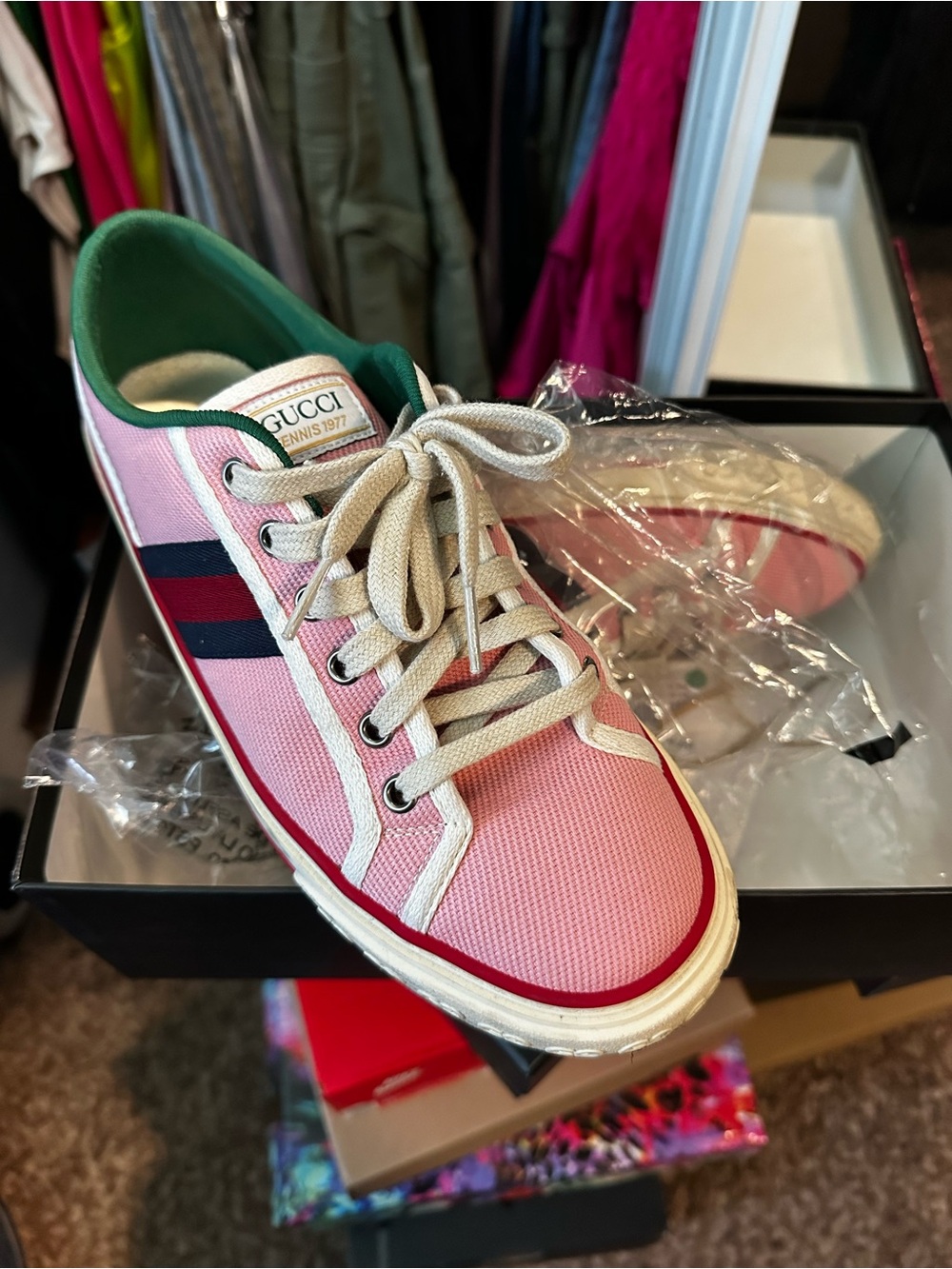 Gucci Women’s Pink Canvas Sneakers with Green Collar and Navy Stripe